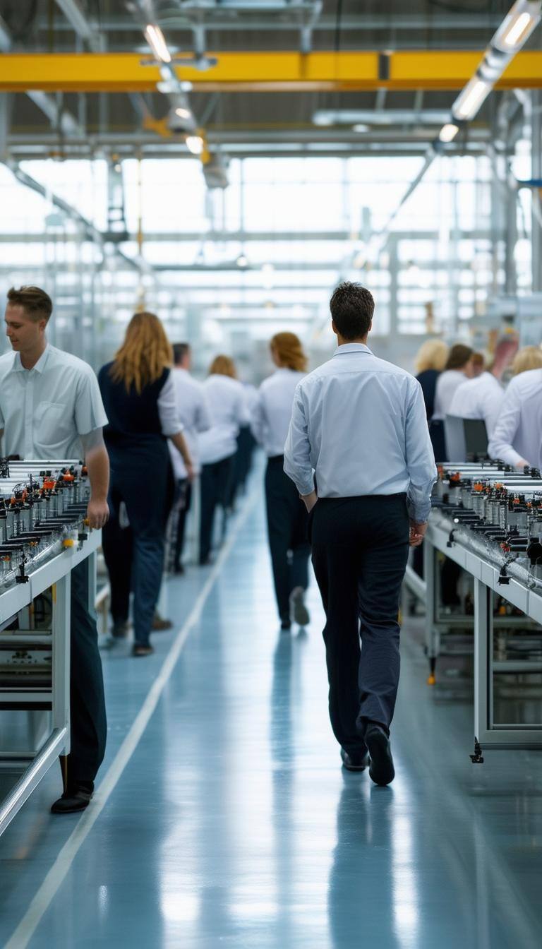 Office workers walking down a production line-1